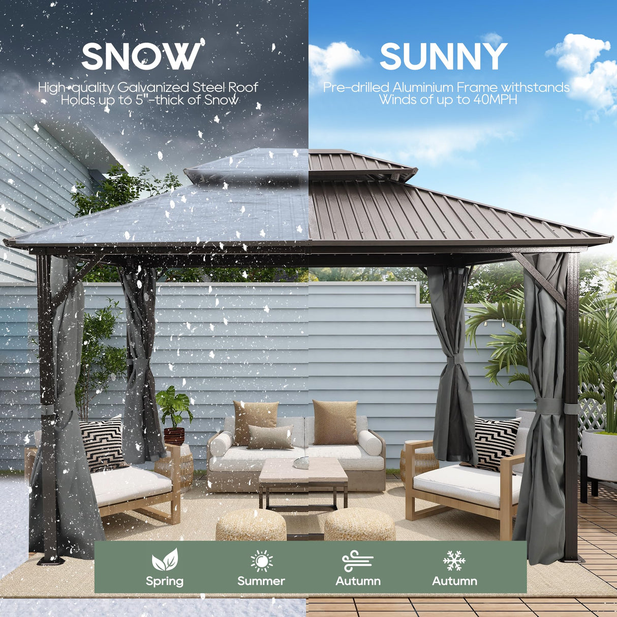 Sumshadow 10' x 12' Hardtop Gazebo, Aluminum Frame Canopy with Galvanized Steel Double Roof, Metal Pavilion with Netting and Curtains, Patio Hard Top Gazebo for Patio, Lawns, Deck, Backyard,Grey Sumshadow