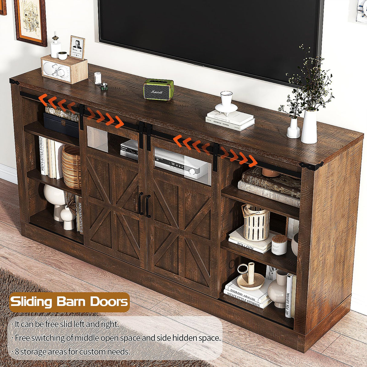 Hlivelood 66" Farmhouse TV Stand with Power Outlets for 75 65 Inch TVs, Entertainment Center with Sliding Barn Door & Large Storage Cabinets w/Adjustable Shelf, 33" Tall TV Media Console, Brown Hlivelood
