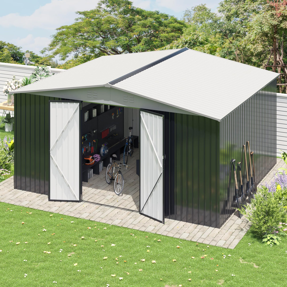 Polar Aurora 12x14 FT Outdoor Storage Shed, Garden Shed with Updated Frame Structure and Lockable Doors, Metal Tool Sheds for Backyard Garden Patio Lawn, White Polar Aurora