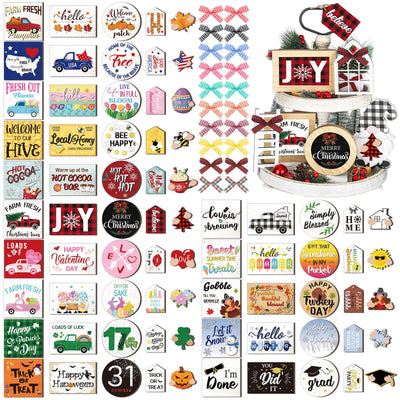 Kigley 70 Pcs Christmas Interchangeable Seasonal Tiered Tray Decor Set Farmhouse Holiday Tiered Tray Interchangeable Tabletop Decor for Holiday Seasonal Home Kitchen