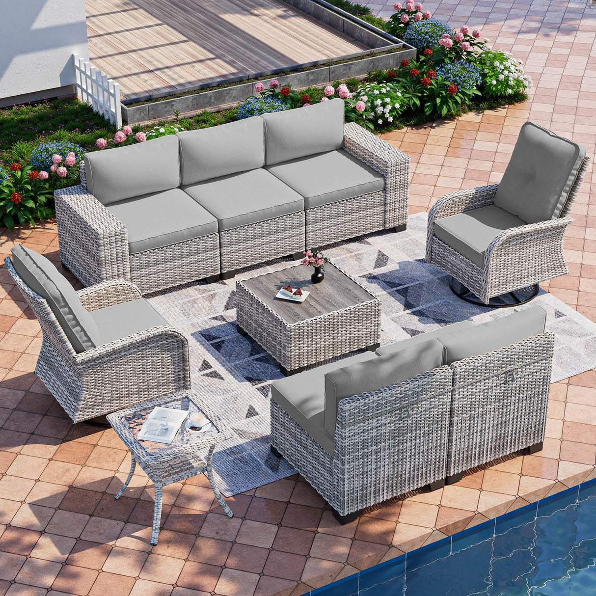 Muphyers 9-Piece Outdoor Patio Furniture Set with Rocking Swivel Chair Wicker Sectional Sofa Set, Patio Conversation Set with Thickened Cushions & Coffee Table for Garden, Backyard, Poolside, Grey Muphyers