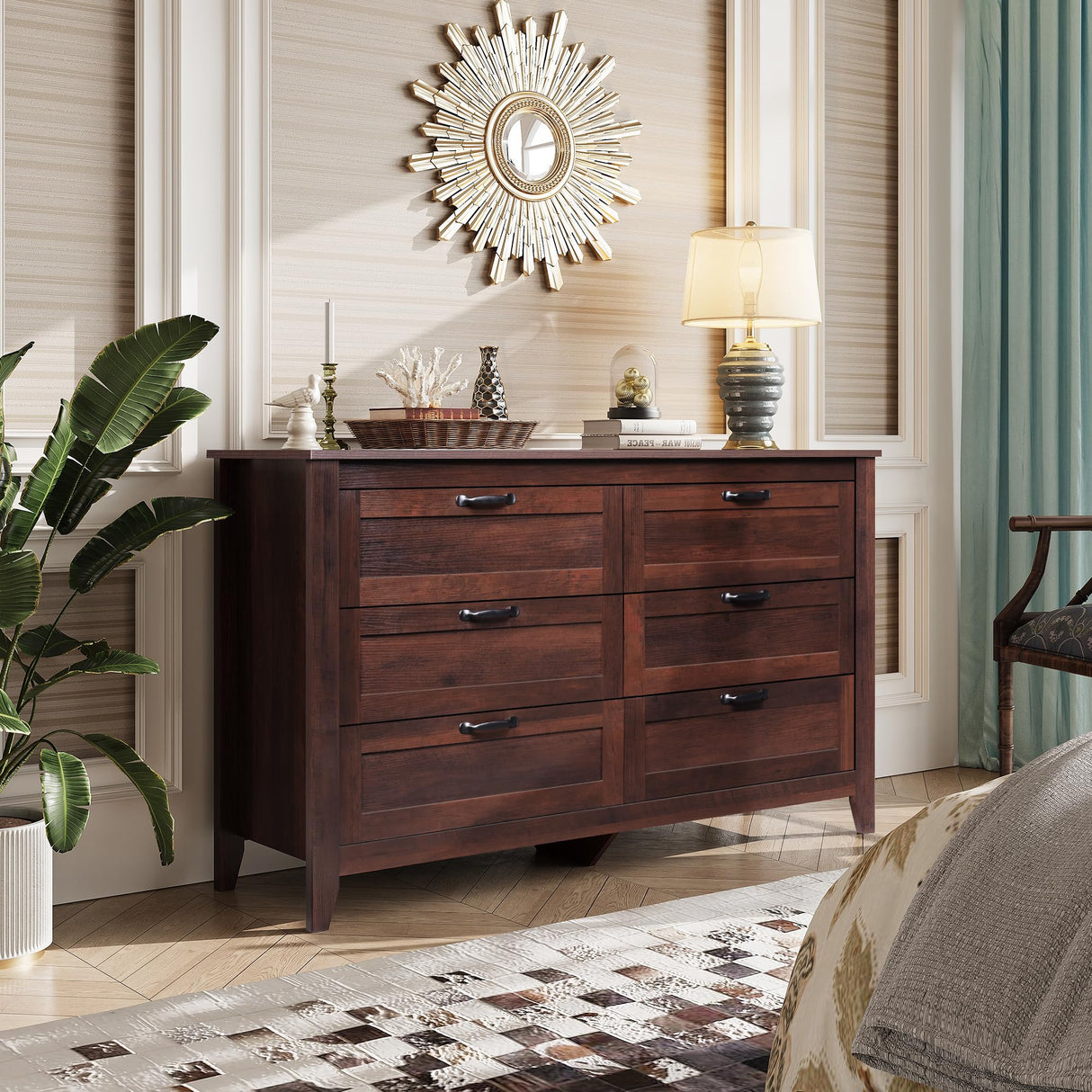 WLIVE 6 Drawer Dresser, Retro Chest of Drawers with Metal Handle, Double Wood Dresser for Bedroom, Living Room, Large Storage Cabinet, Brown WLIVE