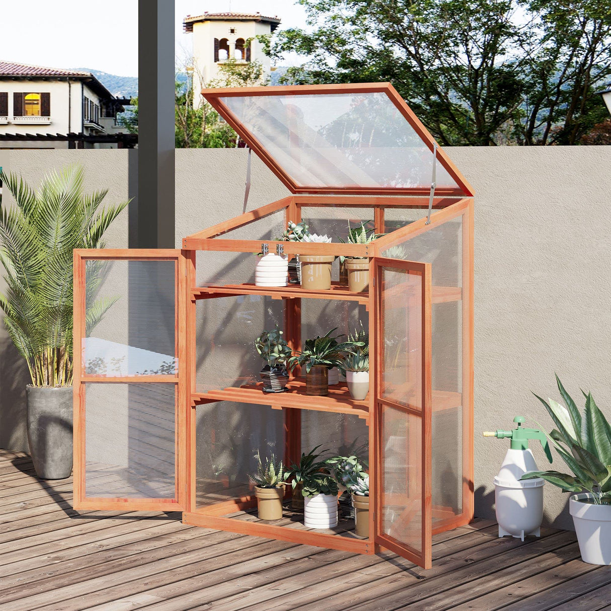 Outsunny Wooden Cold Frame Small Mini Greenhouse Cabinet for Outdoor and Indoor, 30" L x 24" W x 44" H, Natural Outsunny