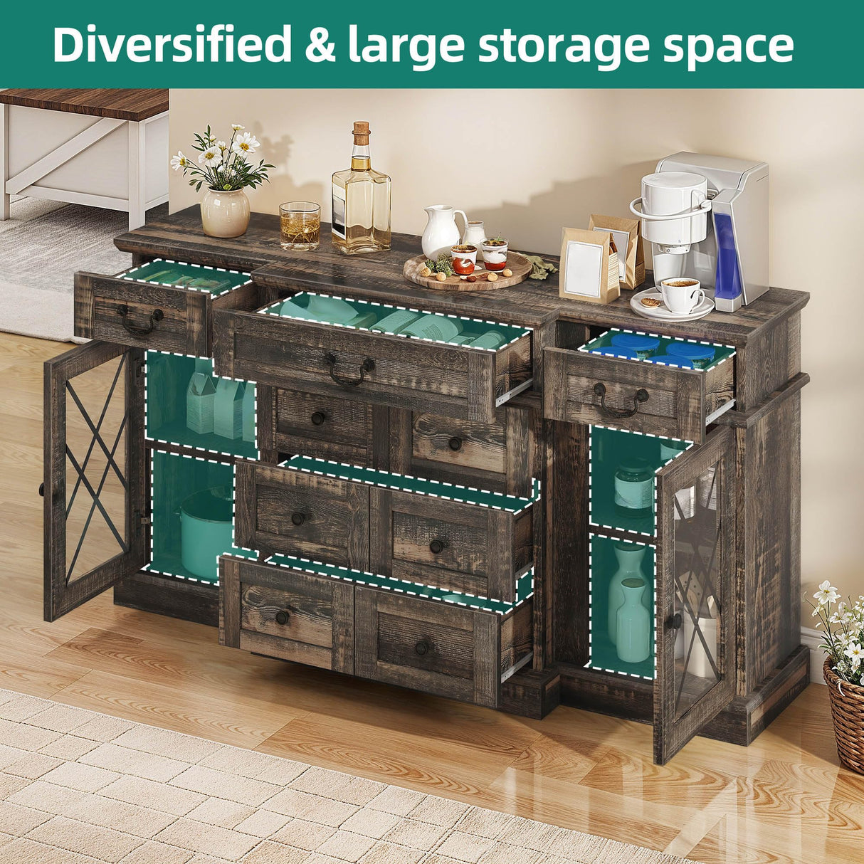 YITAHOME Television Stand for 65/55 Inch TV, Farmhouse TV Stand with 9 Drawers, Adjustable Shelves and Tempered Glass Doors, Entertainment Center TV Media Console for Living Room, Dark Rustic Oak YITAHOME