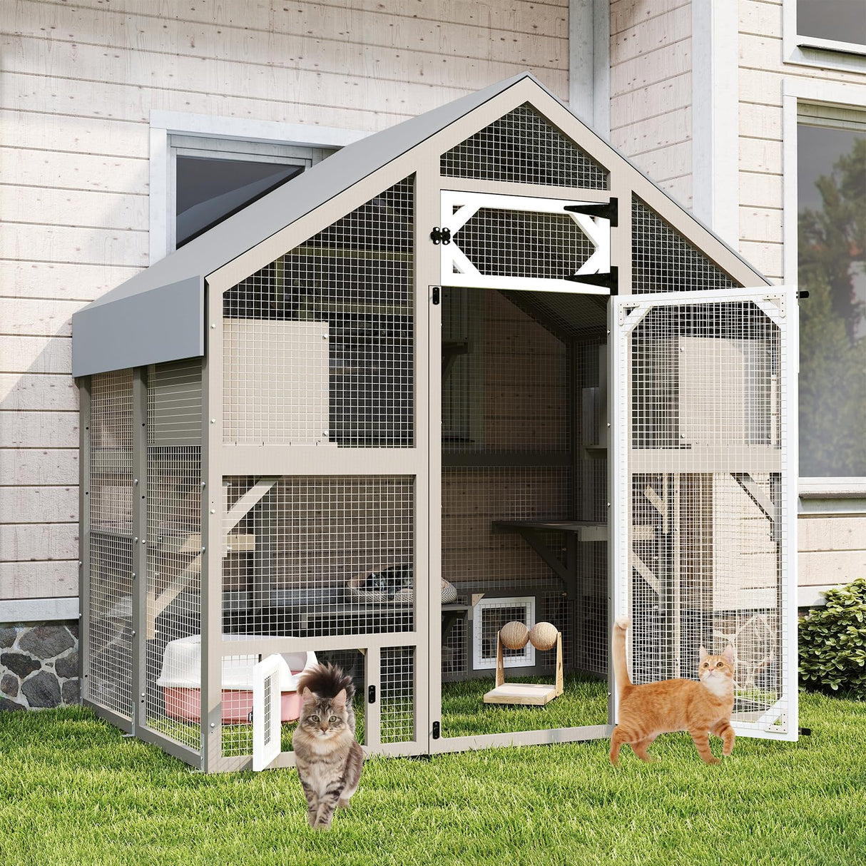 71" H Catio Outdoor Cat Enclosure Weatherproof, Large Walk-in Cat House Attached Window for Multiple Cats, Waterproof Cat Cage Kitty Enclosure Outside with 2 Condos, 6 Platforms Magazoopet