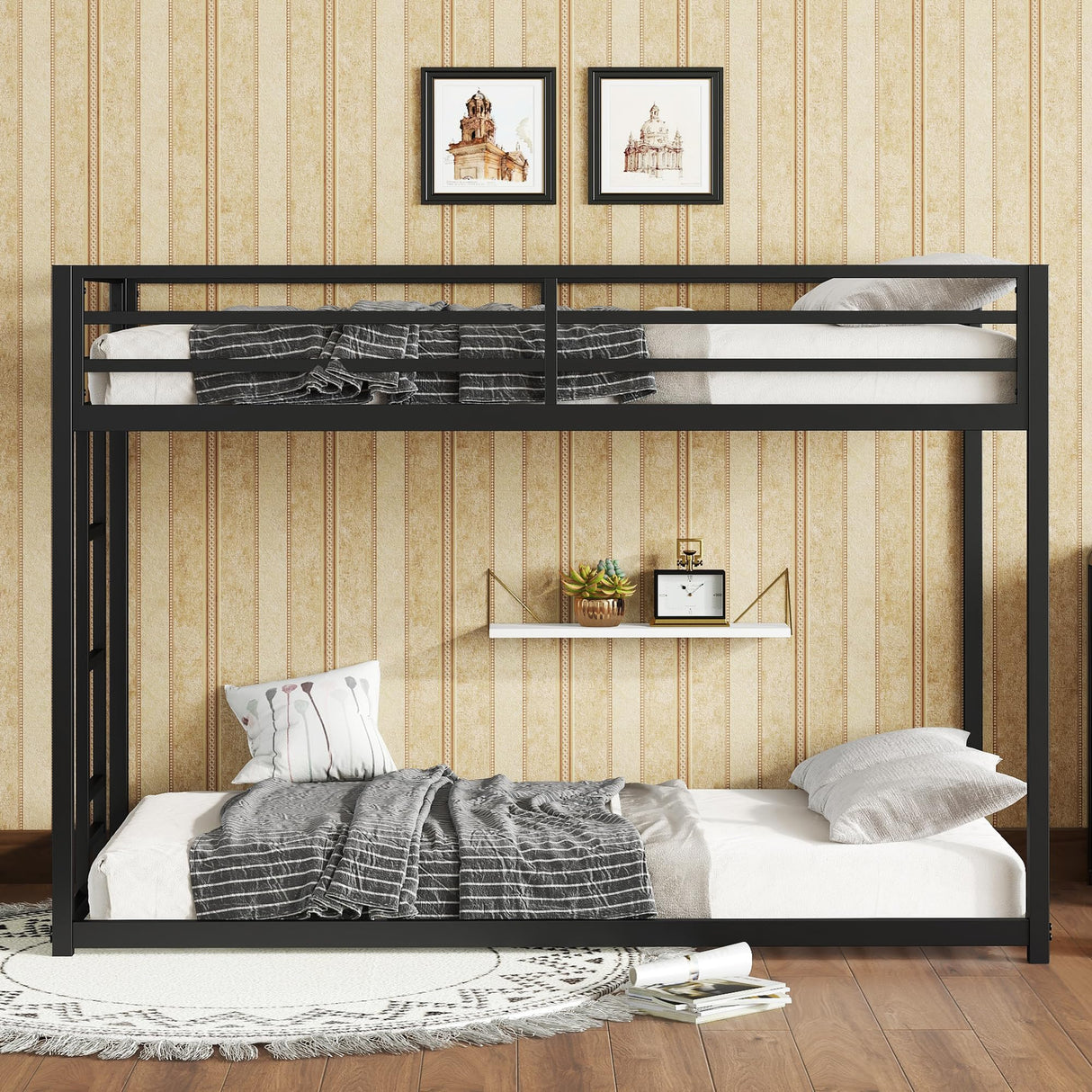 Bellemave Twin Over Twin Metal Bunk Beds for Kids/Adults,Heavy Duty Kids Floor Bunk Bed Twin Size,Noise Reduced Structure,Black Bellemave