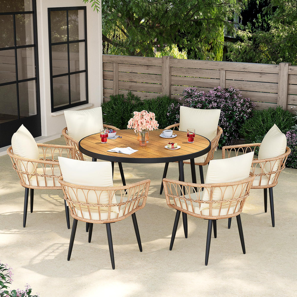Pamapic 7 Pieces Outdoor Dining Set,All-Weather PE Rattan Patio Dining Sets with Wood Table Top, Outdoor Table and Chairs for 6 with Removable Cushion for Lawn Garden Patio, Cream Pamapic