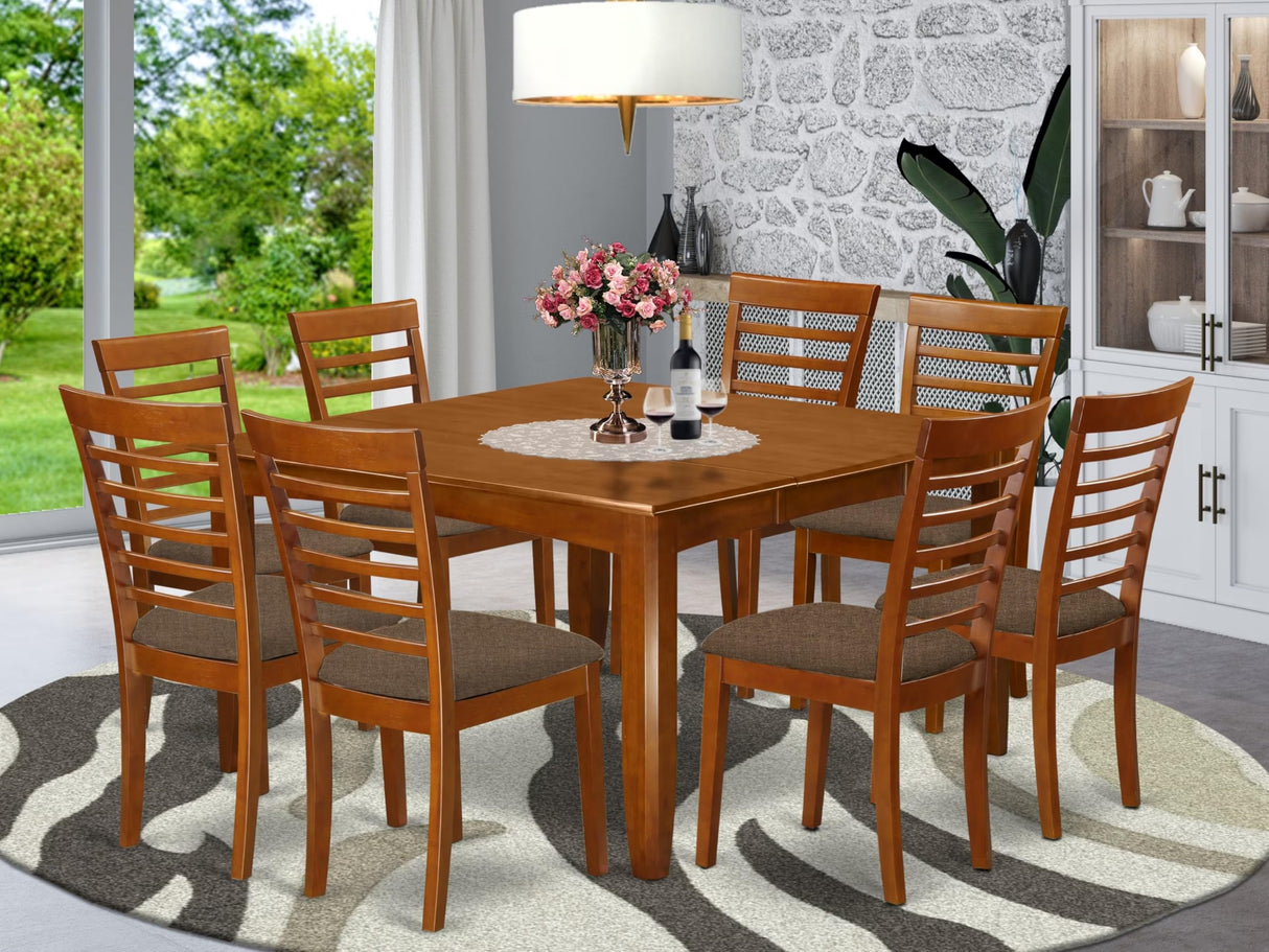 East West Furniture PFML9-SBR-C 9 Piece Kitchen Table & Chairs Set Includes a Square Dining Table with Butterfly Leaf and 8 Linen Fabric Dining Room Chairs, 54x54 Inch, Saddle Brown East West Furniture