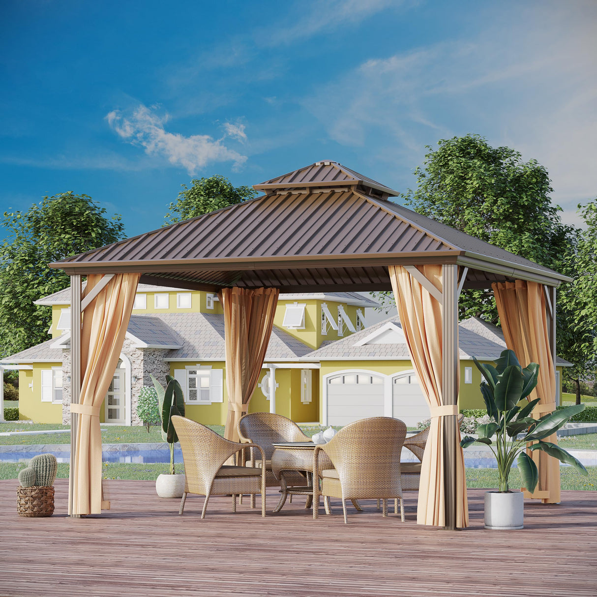 GAZEBEST 12x12 ft Hardtop Gazebo Outdoor Aluminum Patio Gazebo Double Roof Galvanized Steel Gazebo Canopy with Netting and Curtains,for Garden Patio,Patio Backyard,Deck and Lawns GAZEBEST