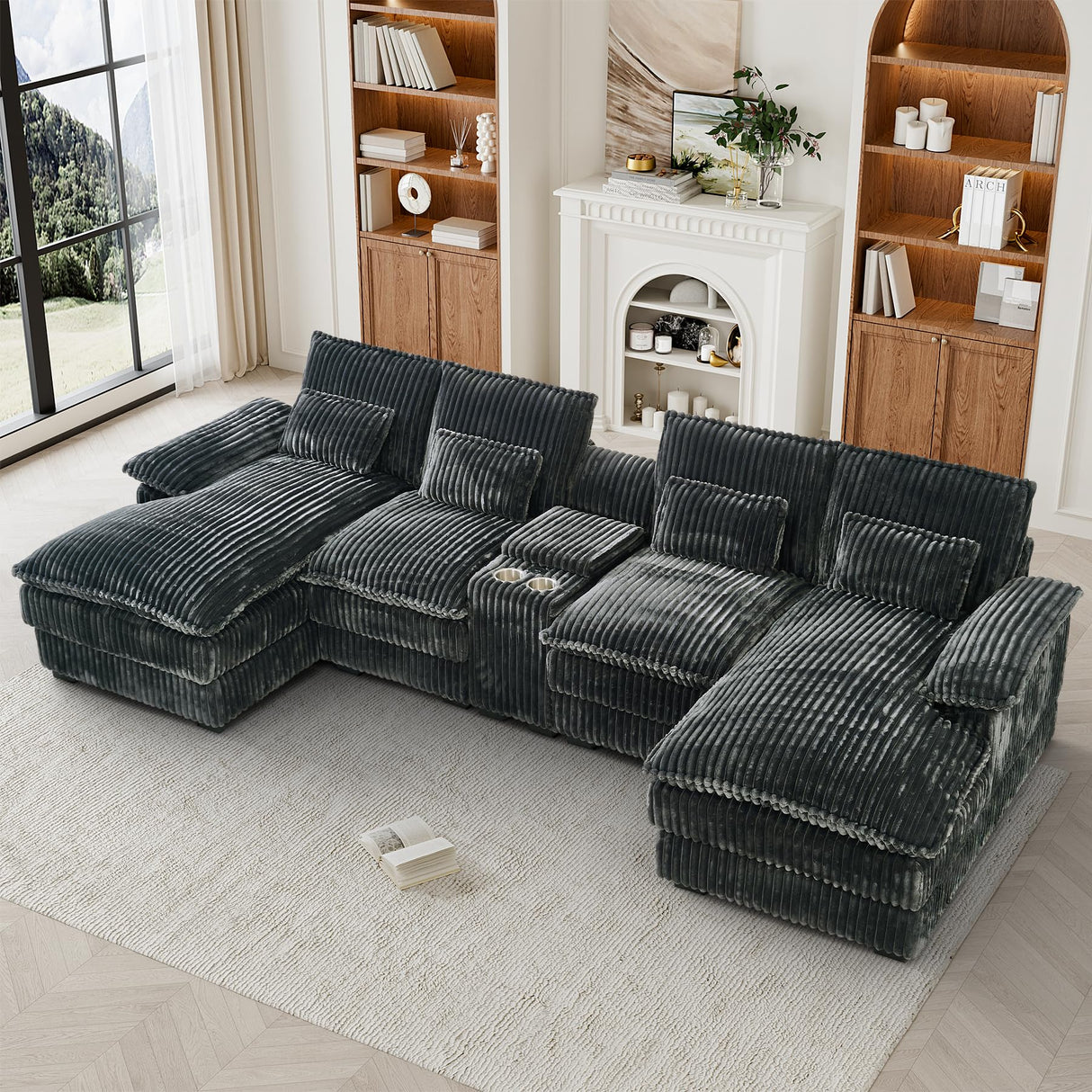 HYJT-H&K 124" U Shaped Cloud Couch Sectional, Comfy Fluffy Plush Corduroy Grey Sectional Couches for Living Room, Modern Modular Corduroy Couch Sectionals with Central Console & Double Chaise Lounge HYJT-H&K