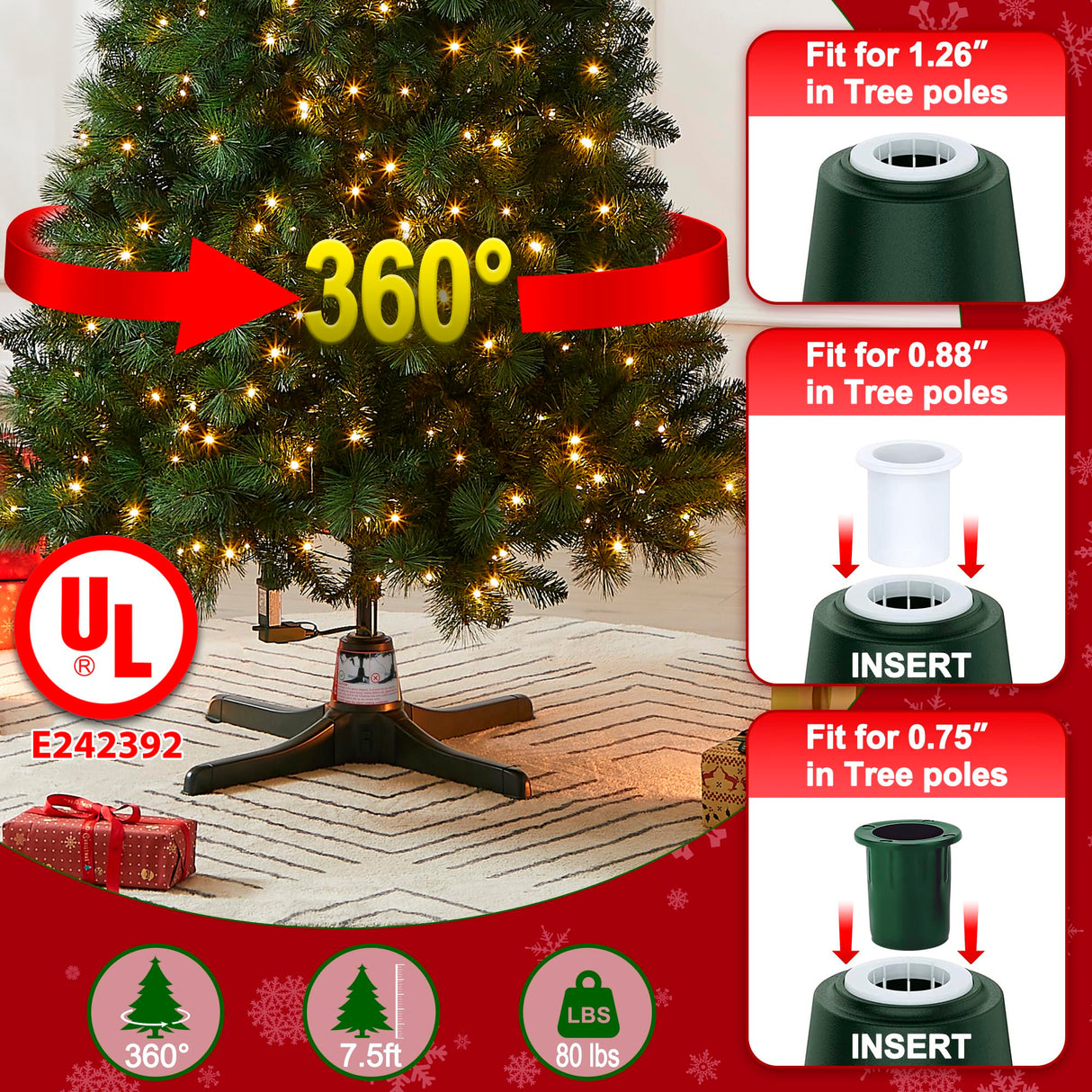 GREATDAY Rotating Christmas Tree Stand,360-Degree rotating christmas tree stand,Up to 7.5ft and 80 pounds Artificial Tree,With 3 settings trunk diameter GREATDAY