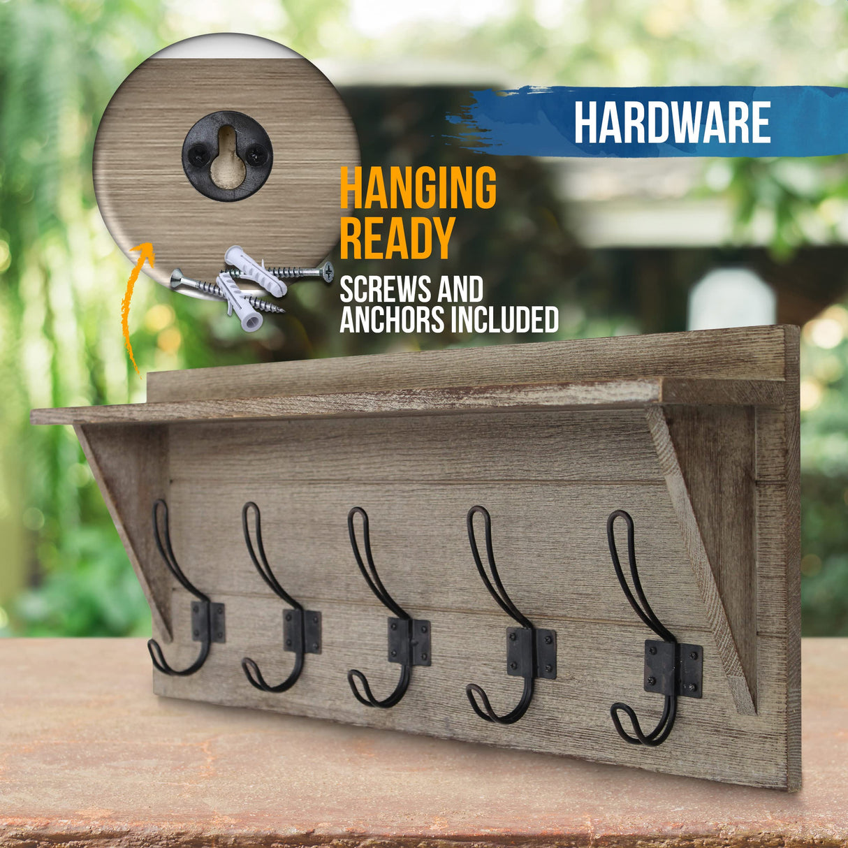 HBCY Creations Rustic Wall Mounted Coat Rack with Shelf - Solid Wood 24" Entryway Shelf with 5 Coat Hangers. Perfect Touch for Your Entryway, Mudroom, Kitchen, Bathroom and More, Weathered Brown HBCY Creations