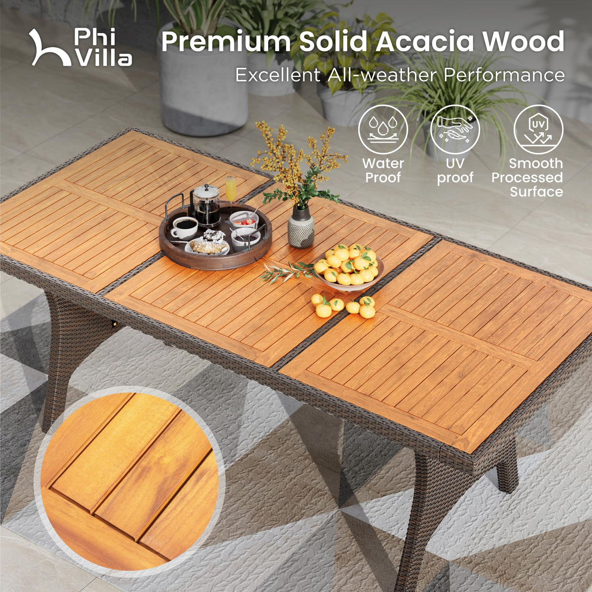 PHI VILLA Outdoor Dining Set for 8, Rectangular Rattan Table with Acacia Wood Top & Wicker Chairs with Cushions, 74” Large Modern Furniture Set for Patio, Deck, Backyard, Porch PHI VILLA