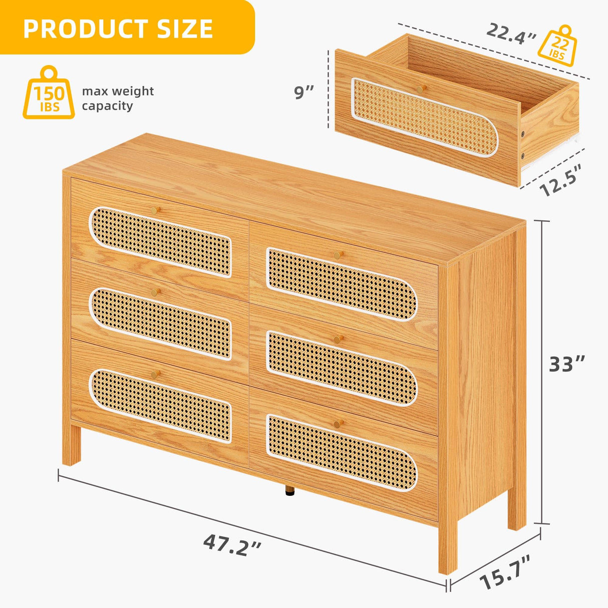 DWVO Natural Rattan 6 Drawer Dressers - Oak Wooden Dresser Chest of Drawers with Golden Handles - Modern Large Closet Boho Dressers Storage Cabinet for Living Room/Hallway/Entryway DWVO