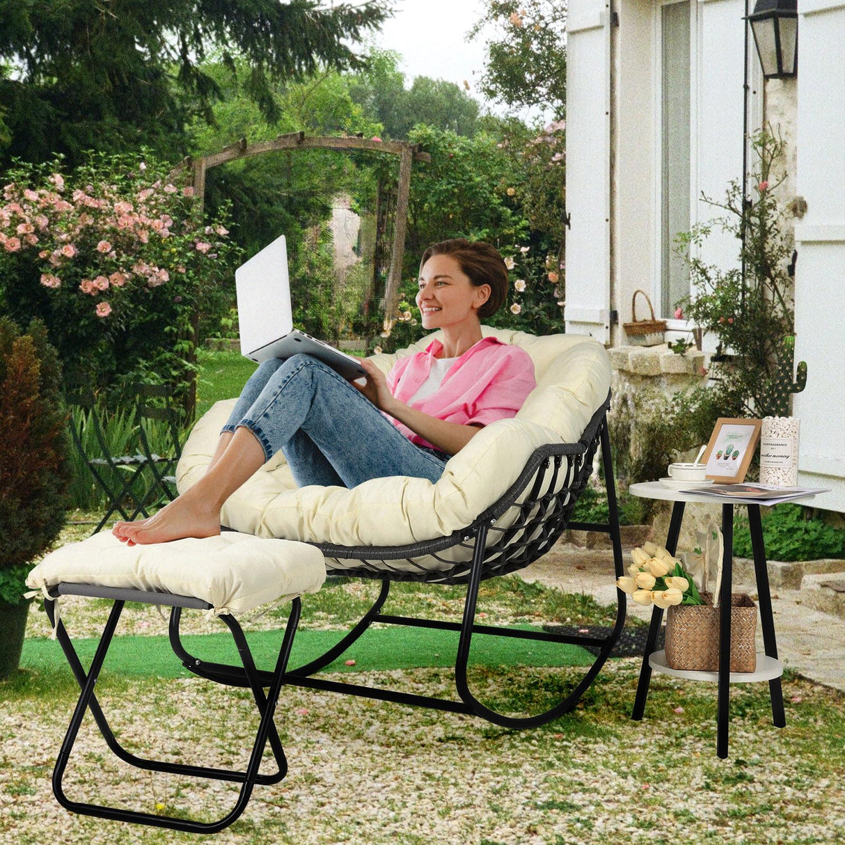 Outdoor Rocking Chair, Oversized Patio Papasan Rocking Chair with Cushion, Ottomans, Side Table, Large Egg Royal Rocking Lounge Chairs for Patio Porch Garden Backyard, Grey (Three Piece Set) LISRUX