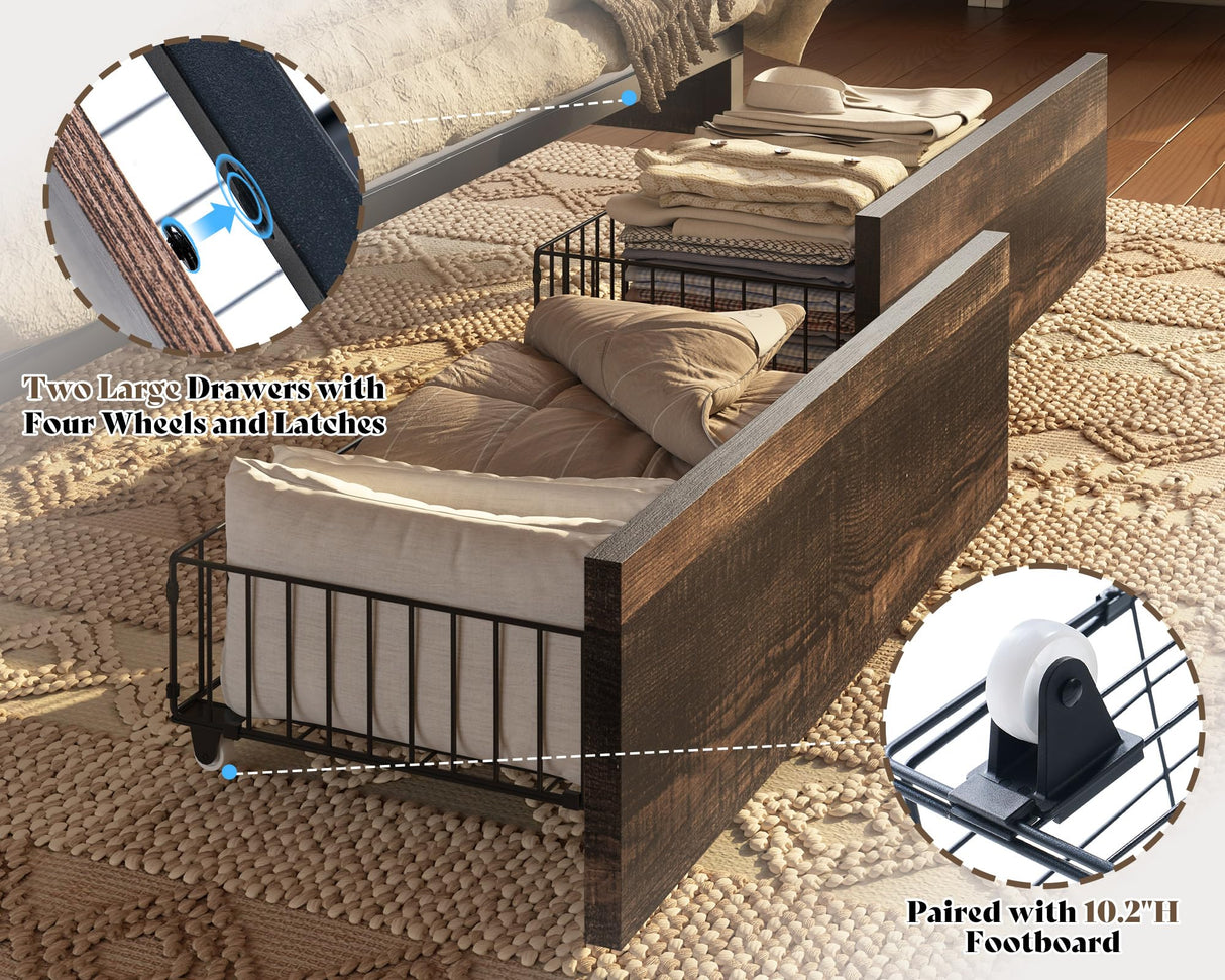 AMERLIFE 47.2" H King Bed Frame with Hidden Space Bookcase Headboard and Charging Station, Beds with 2 Storage Drawers and Wood Slats, No Box Spring Needed, Dark Oak AMERLIFE