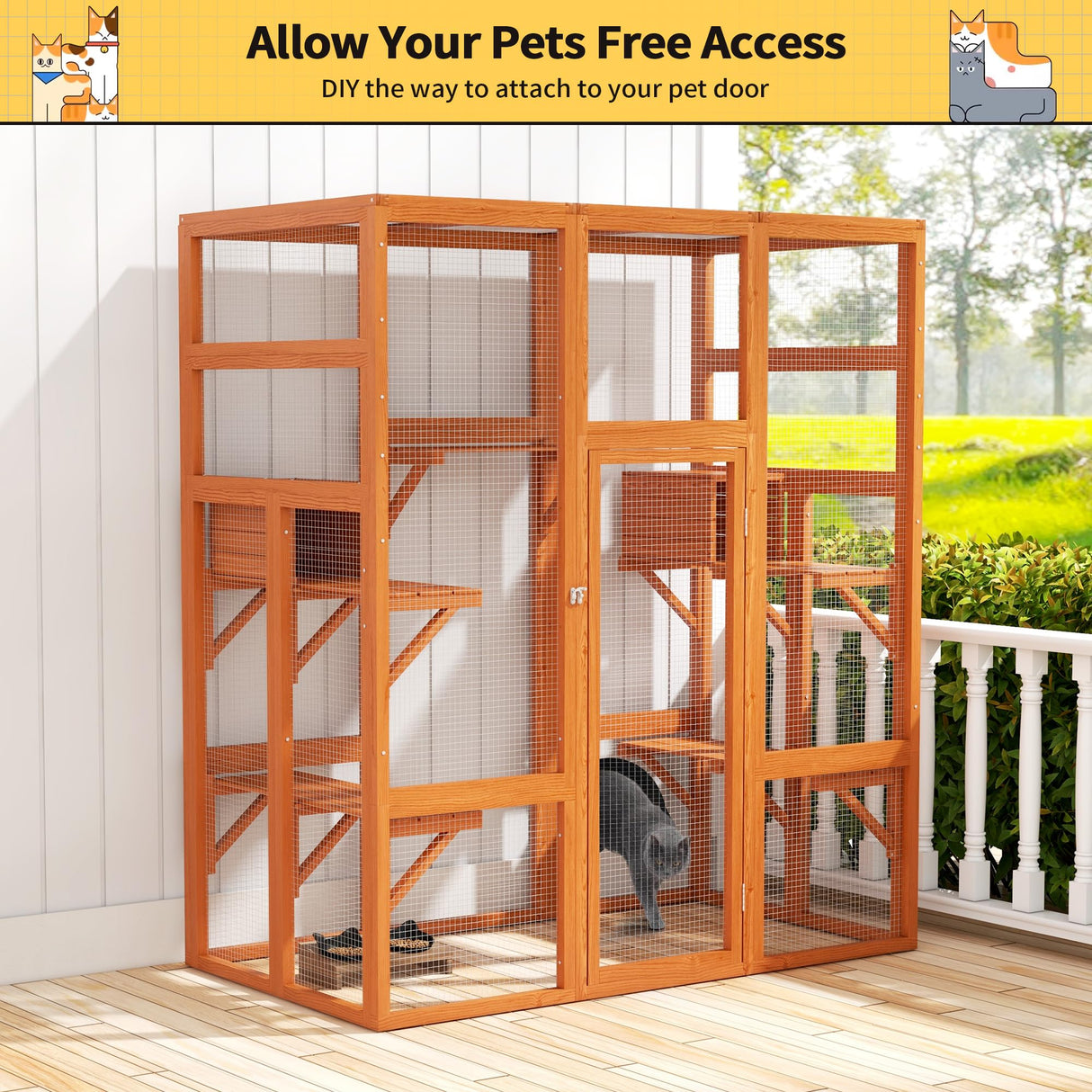 COZIWOW 70" Wooden Extra Large Outdoor Cat Cage Catio with Perche&Condo, Assembled Play Run Cat Enclosure Indoor Kitty Window Kennel with Waterproof Roof, 7 Platforms & 2 Resting Box(Orange) COZIWOW