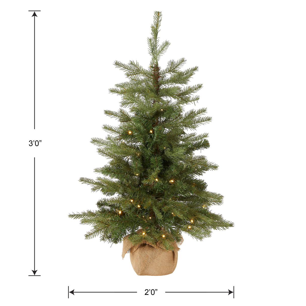National Tree Company Pre-Lit 'Feel Real' Artificial Mini Christmas Tree, Green, Nordic Spruce, White Lights, Includes Burlap Bag Base, 3 Feet National Tree Company