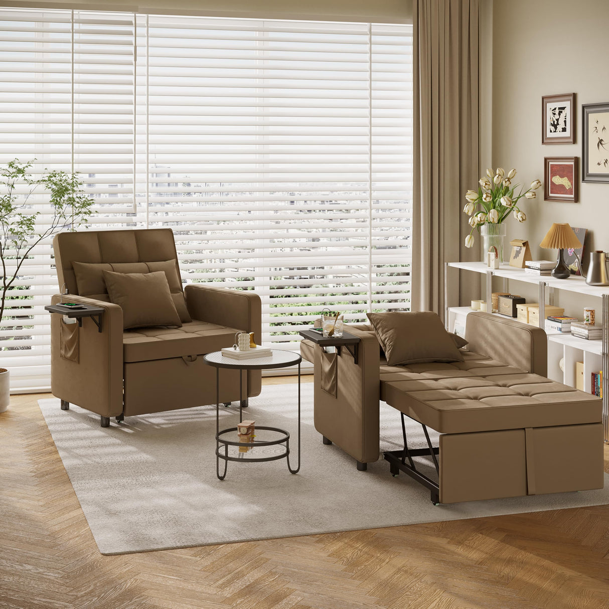 Vabches Sofa Bed Chair with Wing Table and USB Ports Outlet, 3-in-1 Sofa Chair Bed Couches with Two Pillows, Velvet Sleeper Chair with Adjustable Backrest, Easy Assembly, Brown Vabches