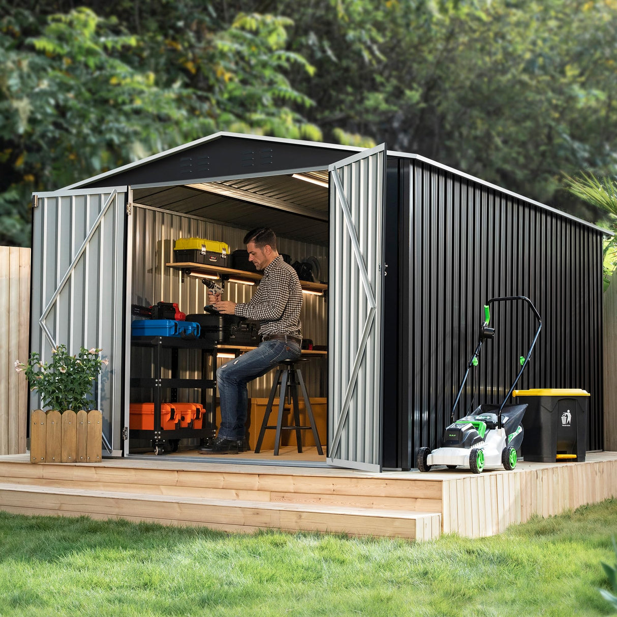 Polar Aurora 8 x 12 FT Outdoor Storage Shed, Metal Garden Shed with Updated Frame Structure, Tool Sheds for Backyard Garden Patio Lawn Black Polar Aurora