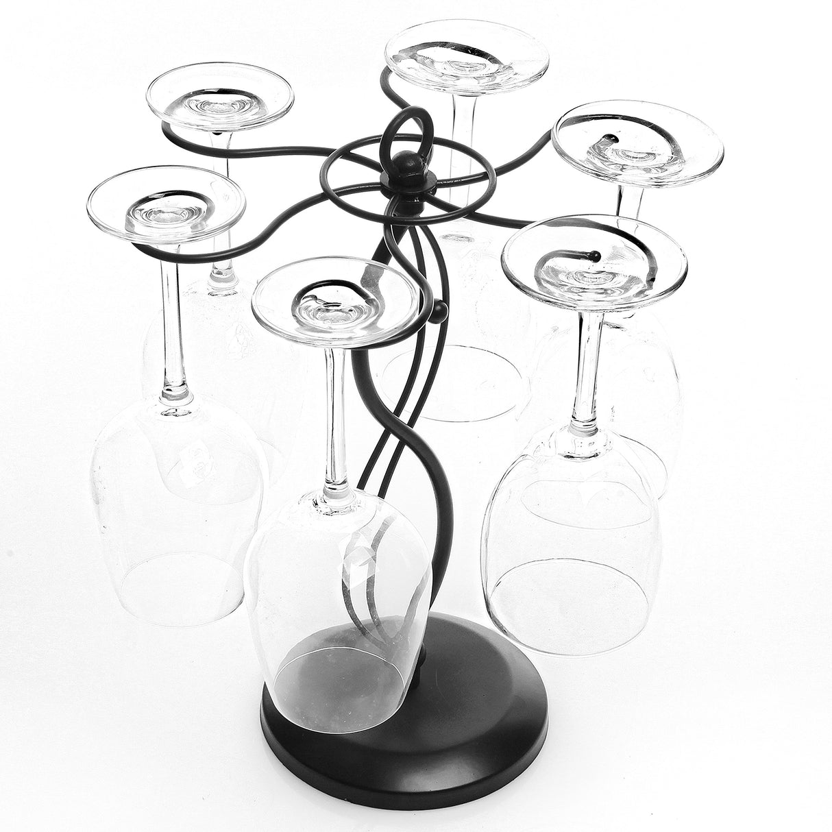 MyGift 6-Hook Rotating Wine Glass Rack with Sturdy Base & Scrollwork Design - Black Metal Countertop Stemware Holder | Rust-Resistant, Space-Saving Storage for Kitchen, Bar, Dining Table (13.75" H) MyGift