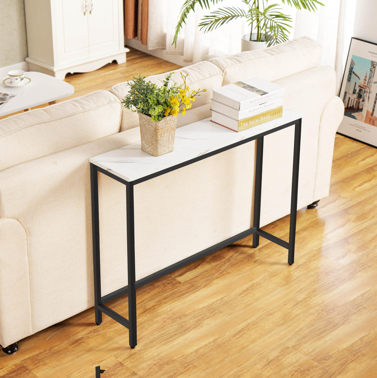 loglus Console Table for Entryway, Faux Marble MDF Sofa Table with Golden Frame (Single Layer, Black Frame) loglus