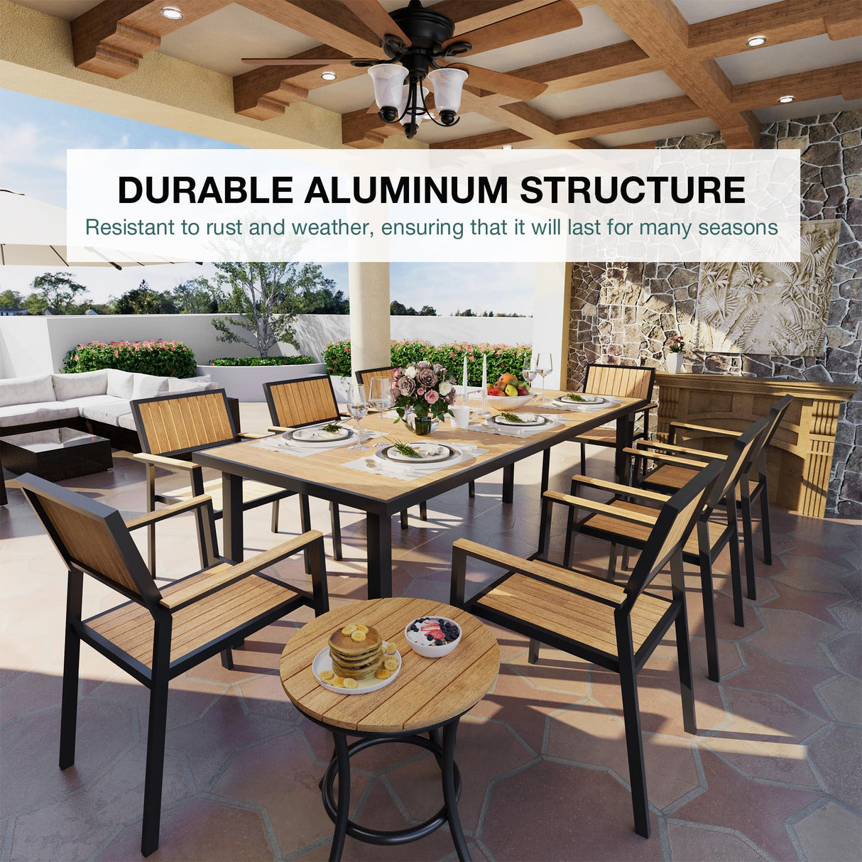 Pamapic 10-Piece Patio Dining Set,Outdoor Aluminum Furniture Set with Plastic-Wood Table Top,Outdoor Furniture Set with 8 Outdoor Stackable Chairs for Patio Garden Poolside (Teak) Pamapic