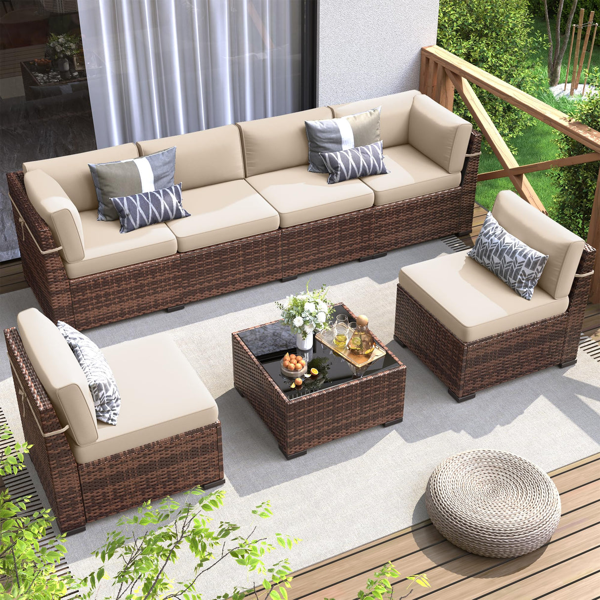 Patio Furniture Set, 7 Pieces Outdoor Modular Conversation Set Wicker Sectional Sofa for All Weather Rattan Patio Couch for Porch Garden Backyard Balcony Poolside (Khaki) Poteban