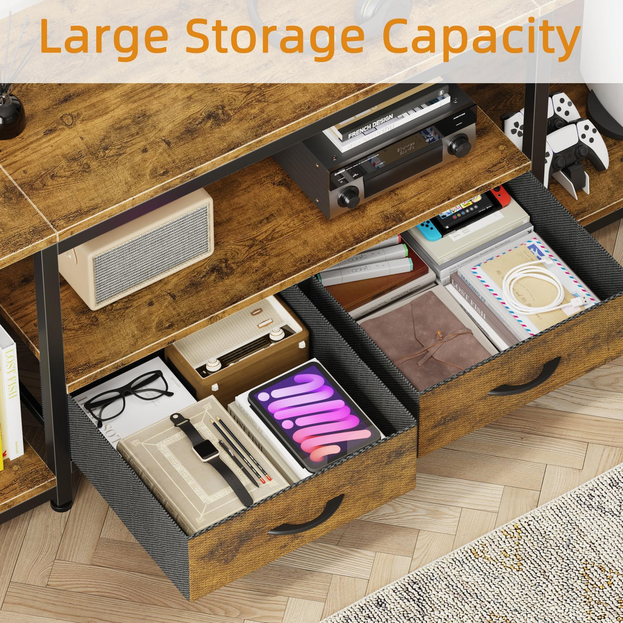 GYIIYUO LED TV Stand with Mount and Power Outlet & Fabric Drawers for 32-85 Inches TV - Entertainment Center and Corner Tv Stand for Living Room, Bedroom- 47" Rustic Brown (Max VESA 400mm × 600mm GYIIYUO