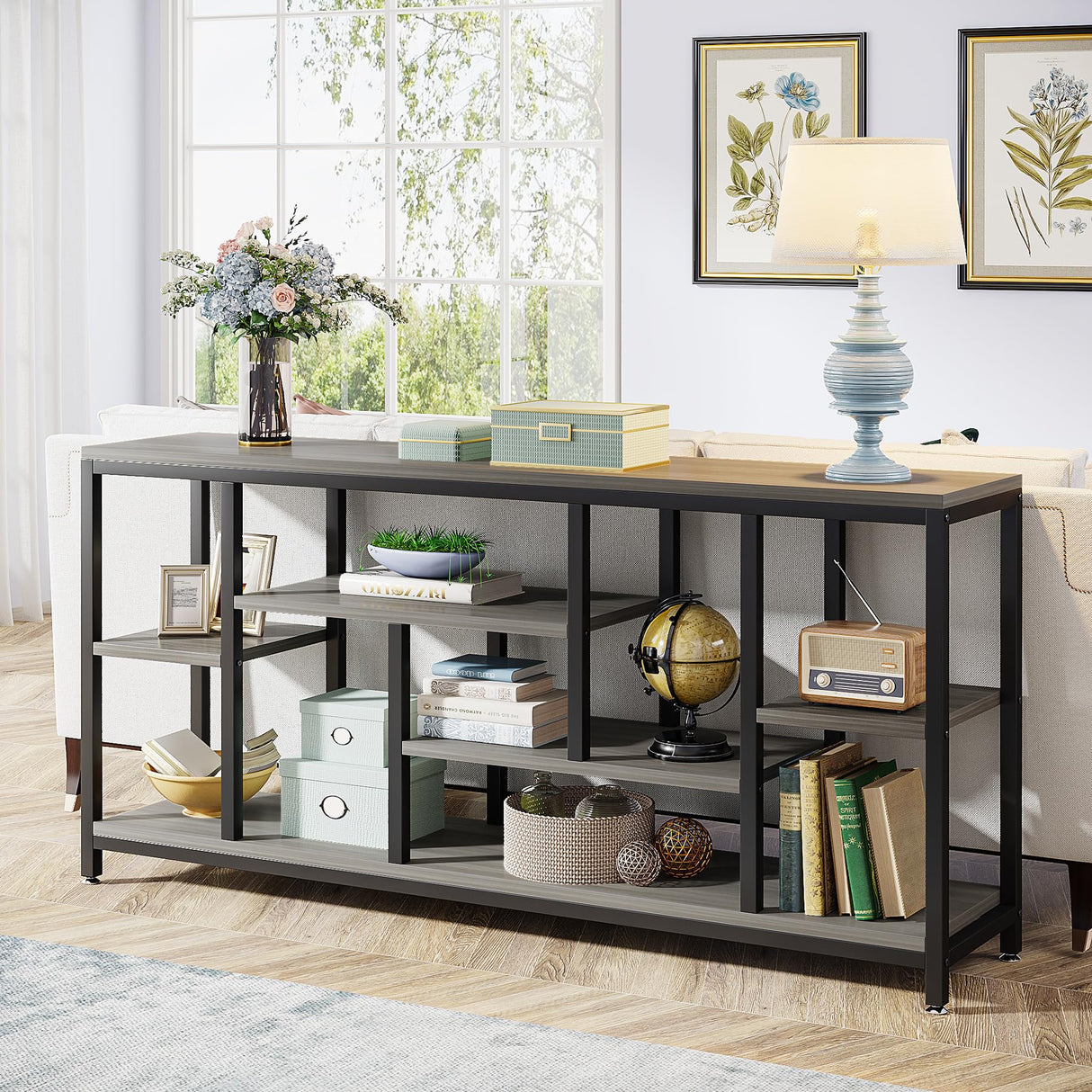 Tribesigns Console Sofa Table, 70.9 inch Extra Long Console Table Behind Couch with Storage Shelves, 3-Tier Modern Narrow Entryway Hallway Accent Table for Living Room, Grey Tribesigns