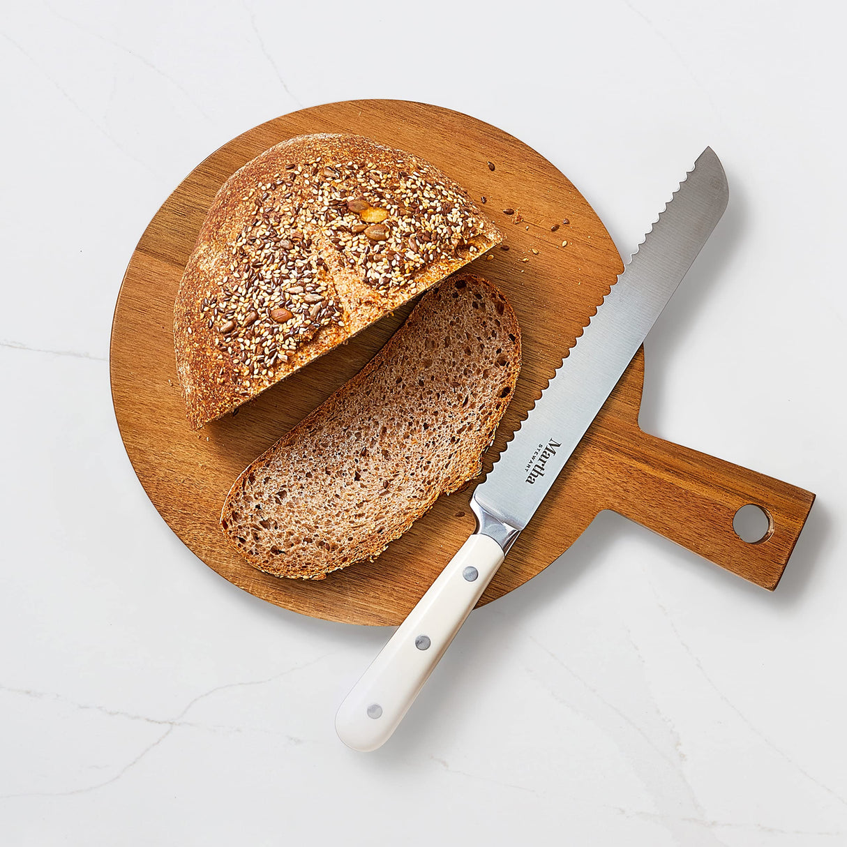 MARTHA STEWART Eastwalk 14 Piece High Carbon Stainless Steel Cutlery Kitchen Knife Block Set w/ABS Triple Riveted Forged Handle Acacia Wood Block - Linen White Martha Stewart