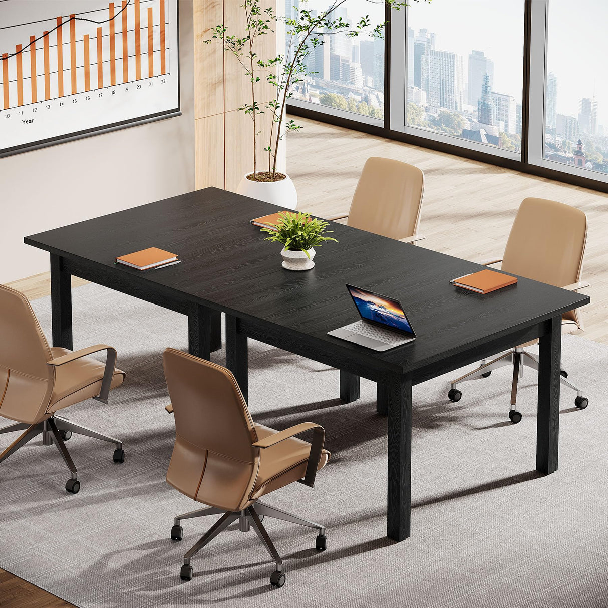 Tribesigns 6.57 ft Conference Table for 6 People, Wooden Small Square Meeting Seminar Table, Modern Boardroom Desk with Solid Wood Legs and Thickened Tabletop for Office Conference Room (2, Black) Tribesigns