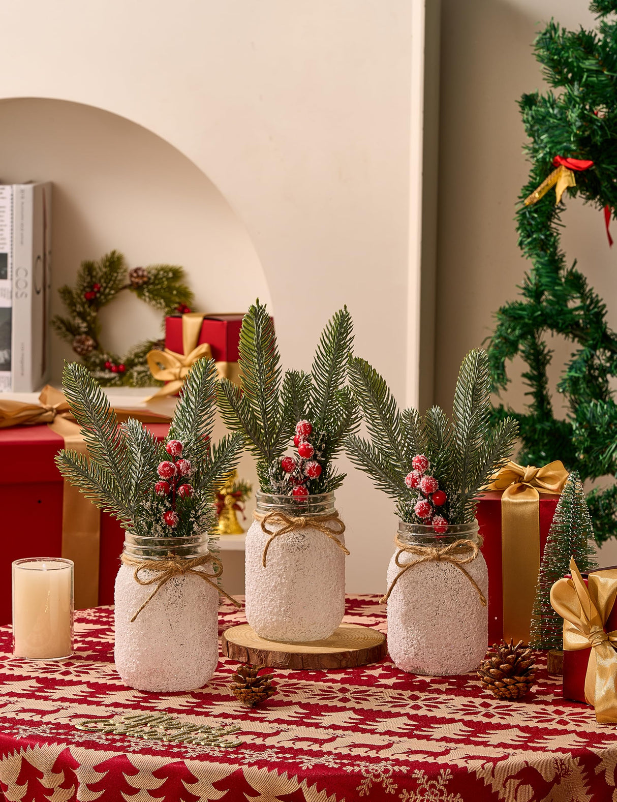 KIVIVO Christmas Centerpieces for Tables, Table Decor with Mason Jar, Flowers Picks, Farmhouse Wood Tray, 23 Pcs Christmas Winter Table Decorations Centerpieces, Xmas Holiday, Kitchen, Dining Decor KIVIVO