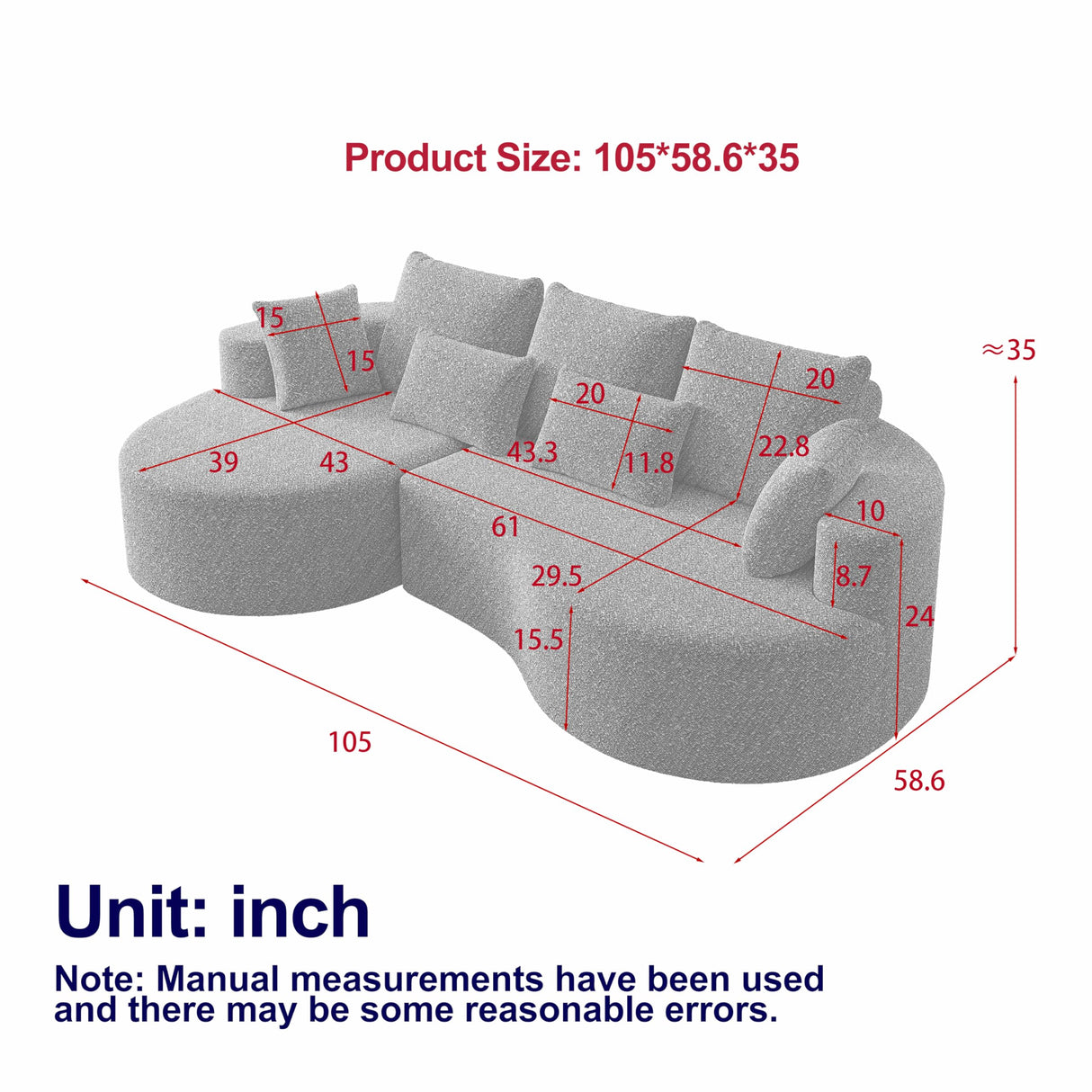 KEIKI 105" L Shaped Corner Couch with Chaise, Upholstered Curved Sectional Sofa, Chenille Sectional Couch for Living Room, Bedroom, Black KEIKI