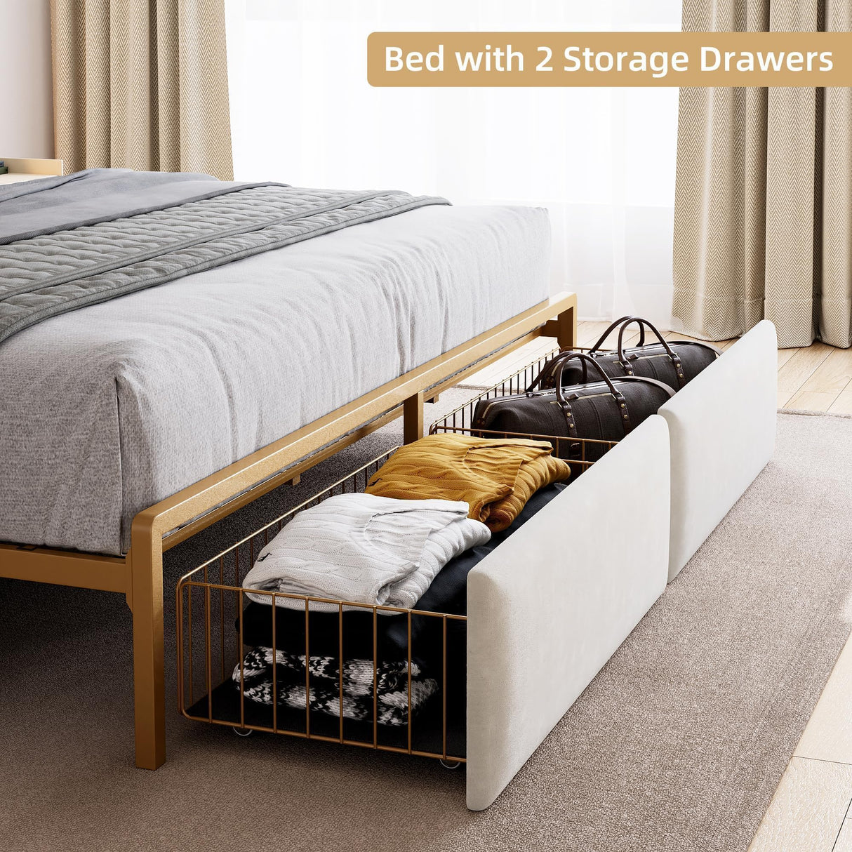 GarveeHome King Bed Frame with 2 Storage Drawers, LED Bed Frame with 2-Tier Storage Headboard&Charging Station, Metal Platform Bed Frame, No Box Spring Needed, Noise Free, White GarveeHome