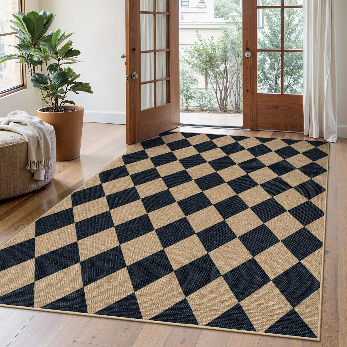 Lahome Checkered Easy Jute 5x7 Area Rugs, Washable Outdoor Patio Rug for Living Room Diamond Indoor Outdoor Carpet, Farmhouse Geometric Non Slip Black Carpet for Backyard Dining Room Lahome