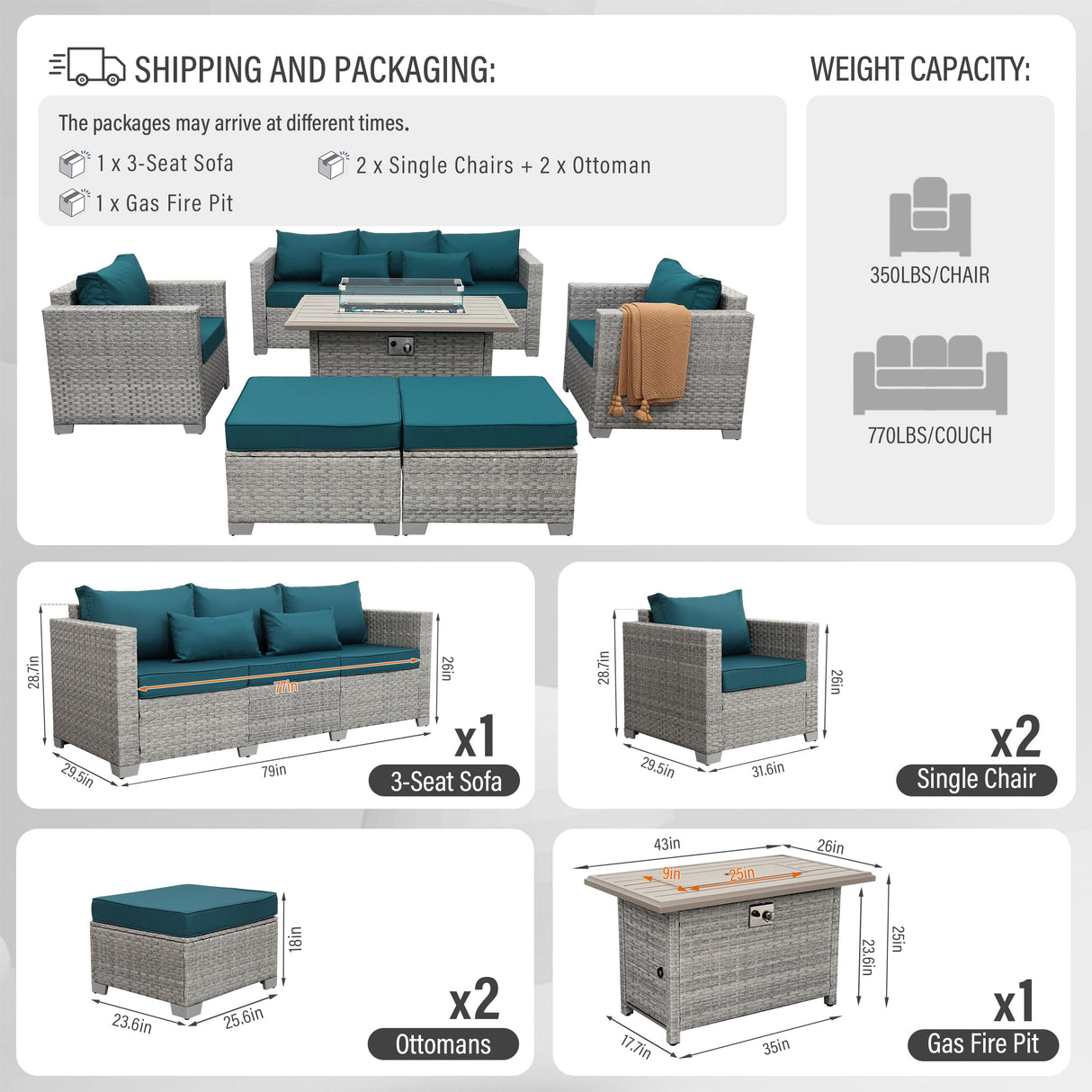 WAROOM Patio Furniture Set 6 Piece Grey Wicker Outdoor Furniture Patio Sectional Sofa Couch PE Rattan Conversation Sets with Fire Pit Table, Peacock Blue Cushion WAROOM