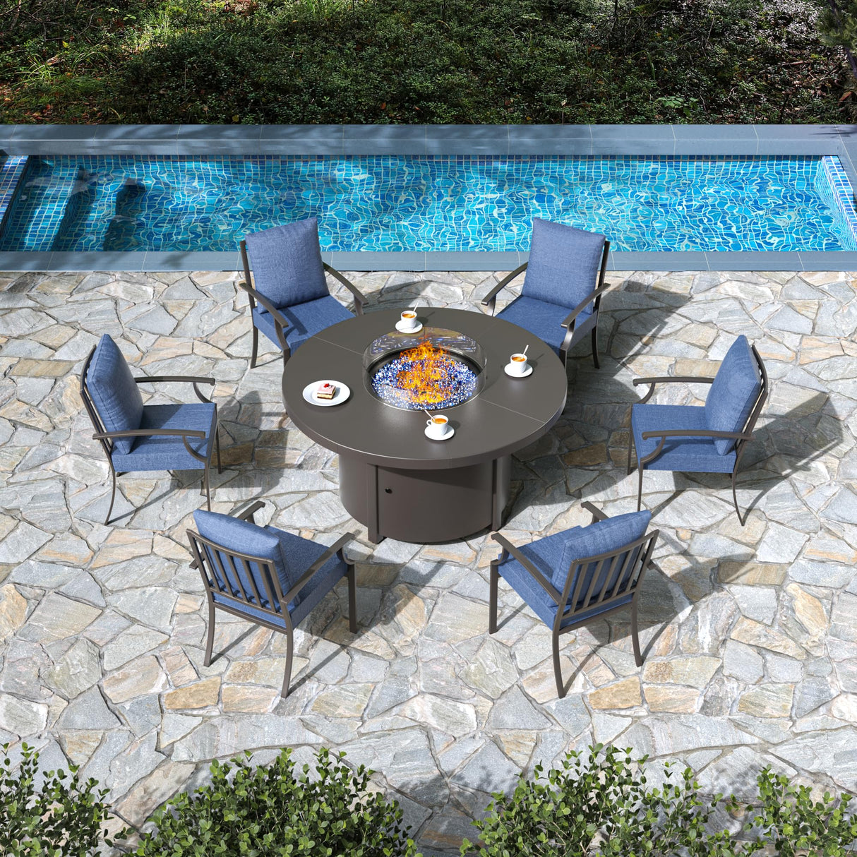 RTDTD 7 Pieces Patio Furniture Set with Round Fire Pit Table, Outdoor Conversation Sets 6 Chairs with Upgrade Cushions for Patio, Backyard Dark Blue RTDTD