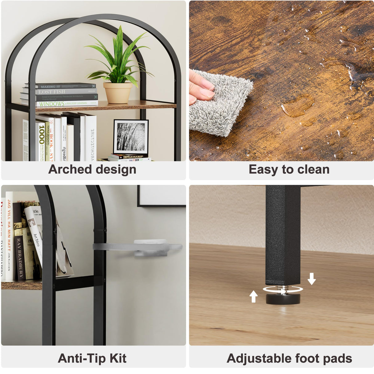 Homhedy 5-Tier Bookshelf Arched Display Racks, Wood and Metal Bookcase, Tall Bookshelf, Industrial Display Standing Shelf Unit, for Home Office, Living Room, Bedroom, Bathroom, Rustic Brown Homhedy