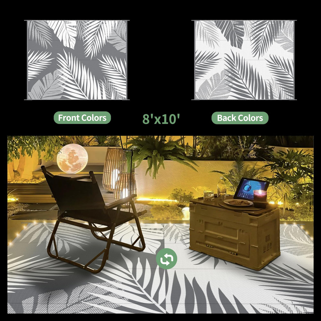 GENIMO Outdoor Rug 8' x 10' Waterproof for Patios Clearance, Reversible Outdoor Plastic Straw Camping Rug Carpet with LED String Light, Area Rugs Mats for RV, Camper, Deck, Balcony, Porch, Grey&White GENIMO