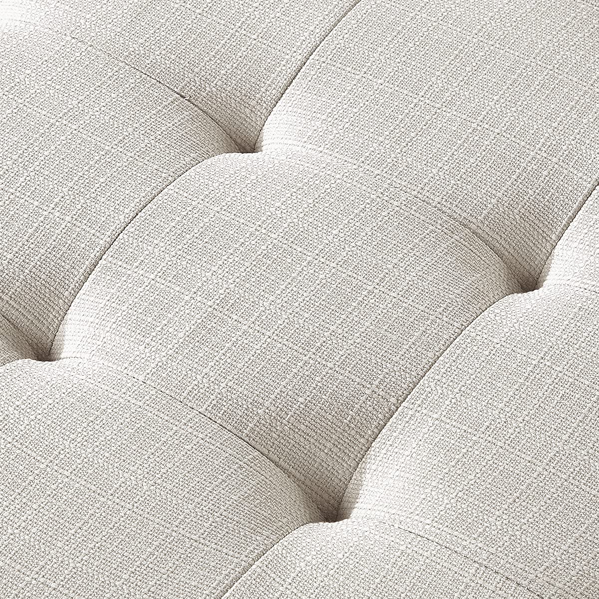 24KF Large Rectangular Upholstered Tufted Linen Ottoman Bench, Padded Bench with Solid Wood Shelf-Ivory 24KF