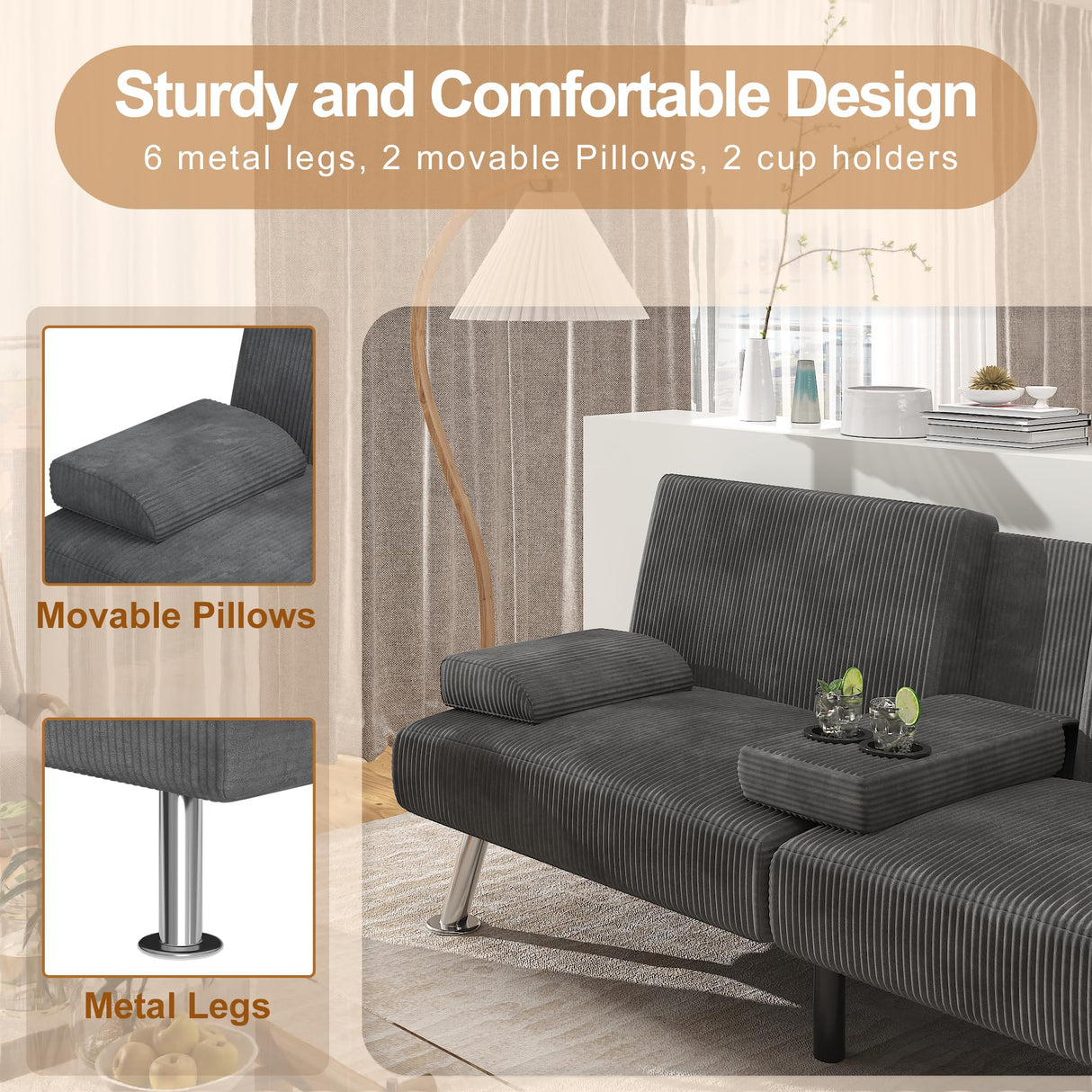 Shahoo Modern Upholstered Convertible Folding Futon Sofa Bed with Removable Armrests, Metal Legs, 2 Cup Holders for Living Room, Grey Shahoo