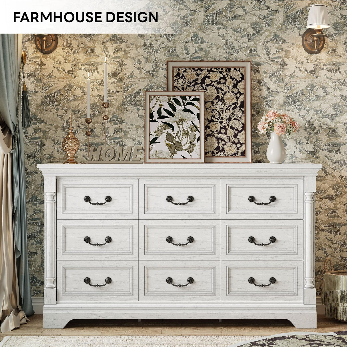LIKIMIO Farmhouse Dresser for Bedroom with 9 Drawers, 58" Wide Wood Chest of Drawers with Roman Column, Dresser TV Stand for 65", Closet Storage Dressers Organizer for Bedroom, Living Room, Hallway LIKIMIO