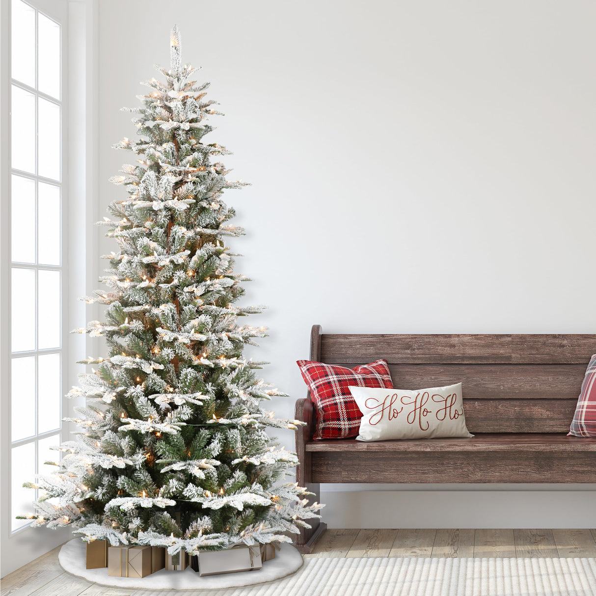 Puleo International 7.5 Foot Pre-Lit Slim Flocked Aspen Fir Artificial Christmas Tree with 450 Clear Lights Puleo International