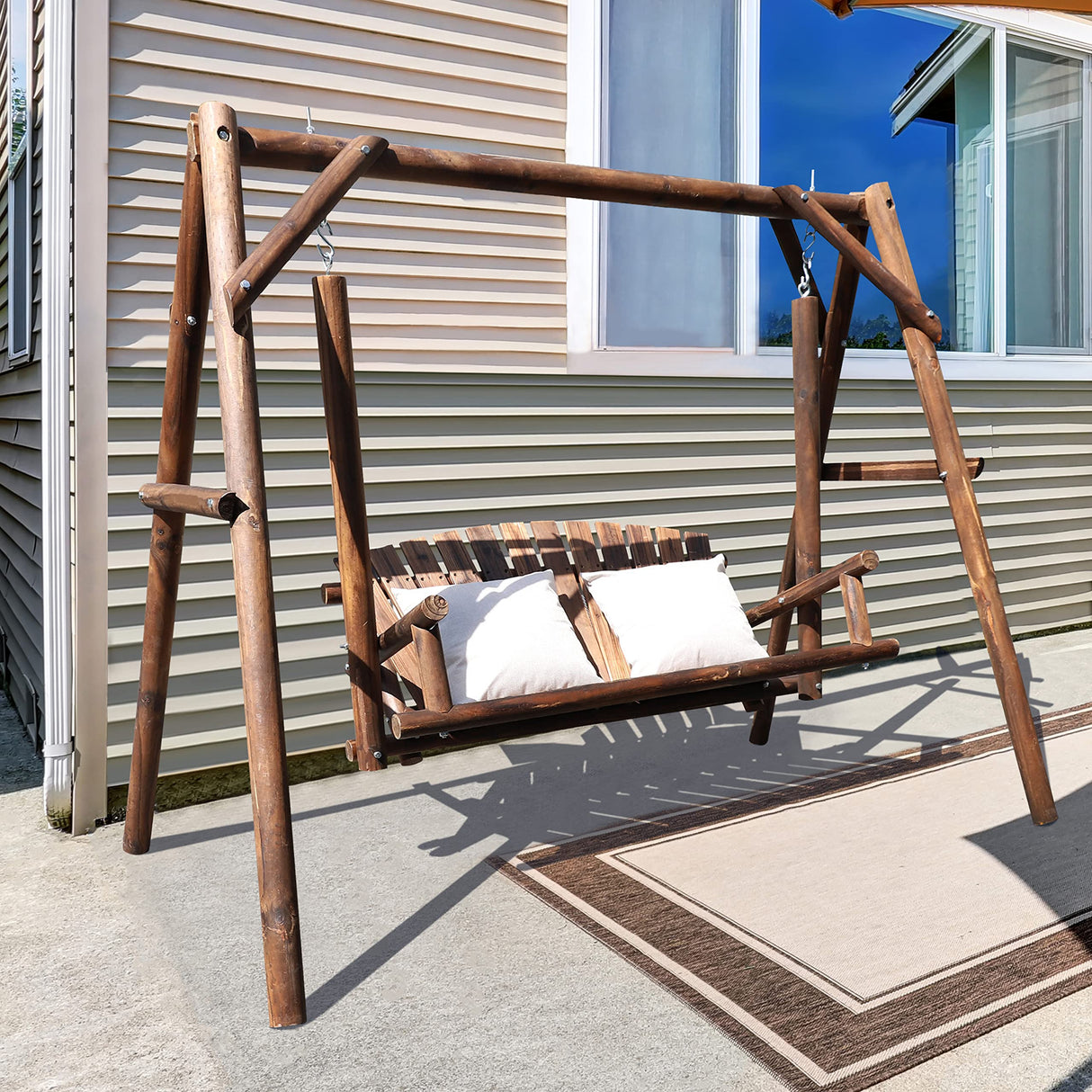MUPATER Wooden Patio Porch Swing Glider Outdoor with A-Frame Stand, 2 Person Wood Log Porch Swing Bench Chair with Curved Back for Outside Yard, Garden, Deck and Poolside, Rustic MUPATER