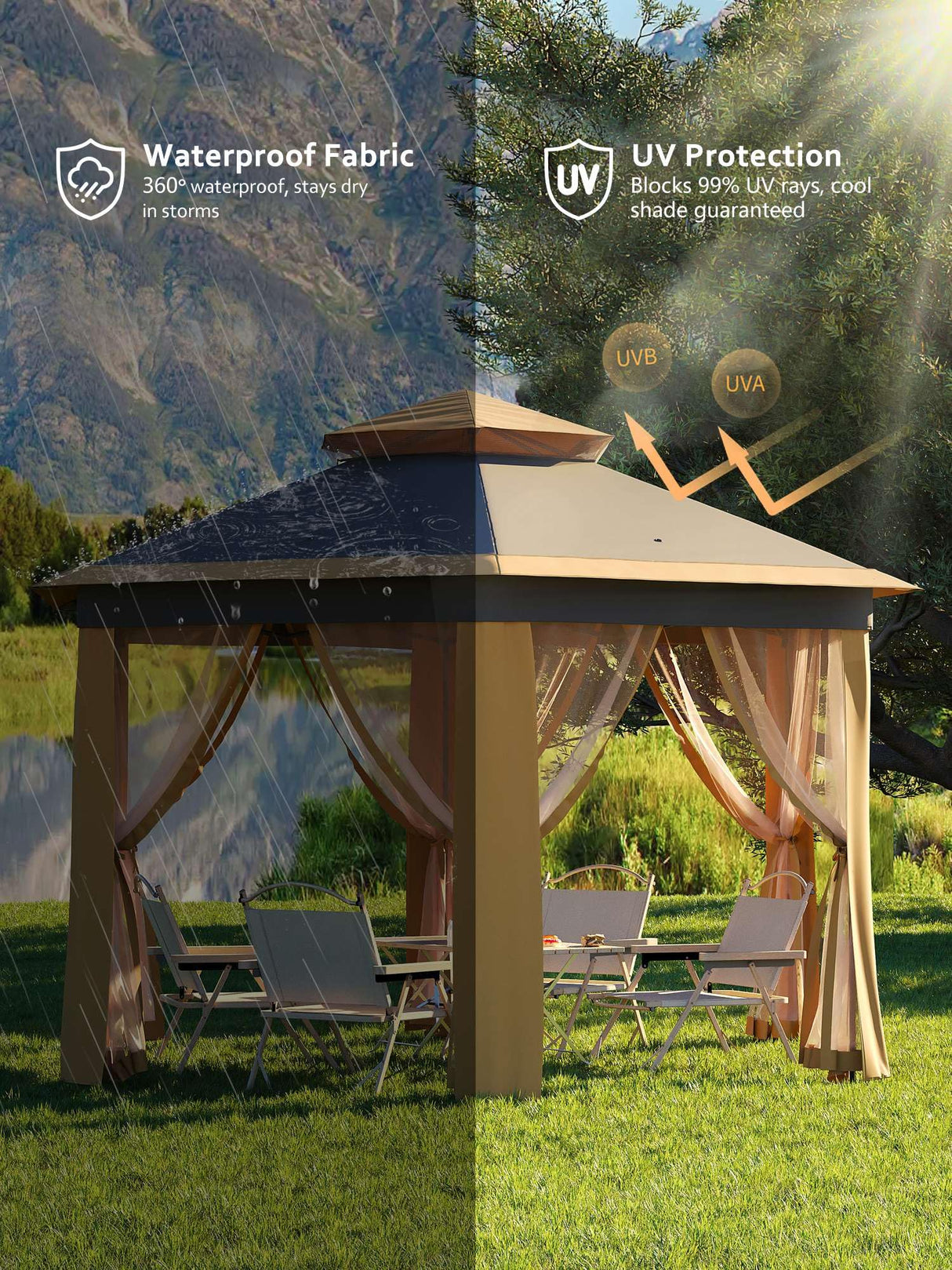 Pop Up Gazebo 13x13Ft, Outside Canopy Tent with 6 Pcs Mosquito Netting, One Push Setup for Backyard Patio Garden Activities - Khaki & Beige Garveelife