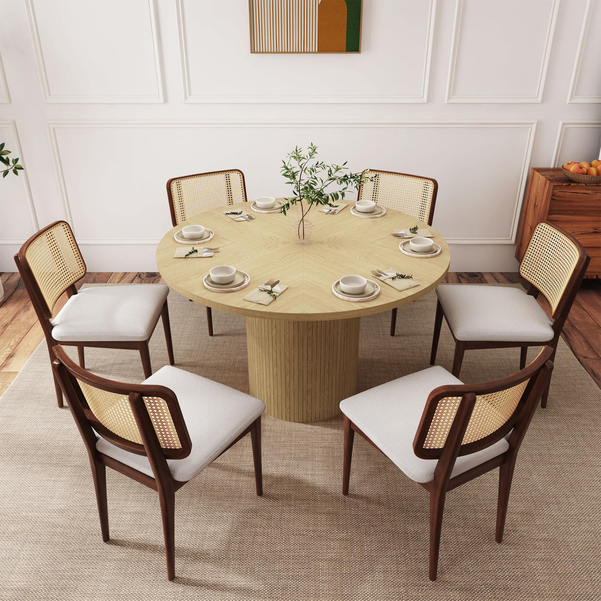 47 Inch Round Dining Table, Farmhouse Fluted Dining Kitchen Table, Modern Wood Small Circle Dining Table for Kitchen Living Room, Natural PHOYAL