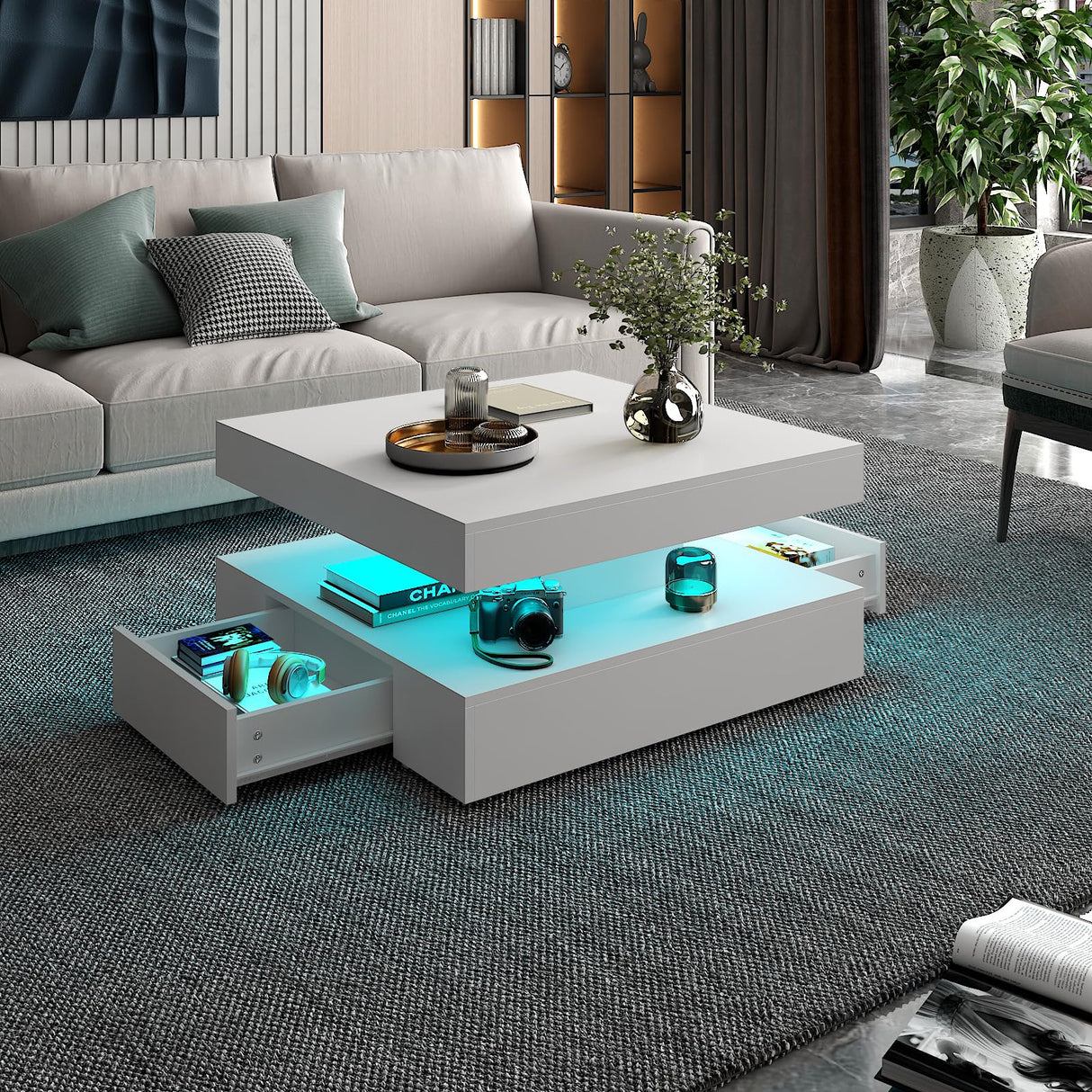 White LED Coffee Table with 2 Storage Drawers for Living Room Square Center Middle Table Modern Cocktail Table with Light 2-Tier Tea Tables Contemporary Mid Century Wood Home Office Waiting Room HedoAjim