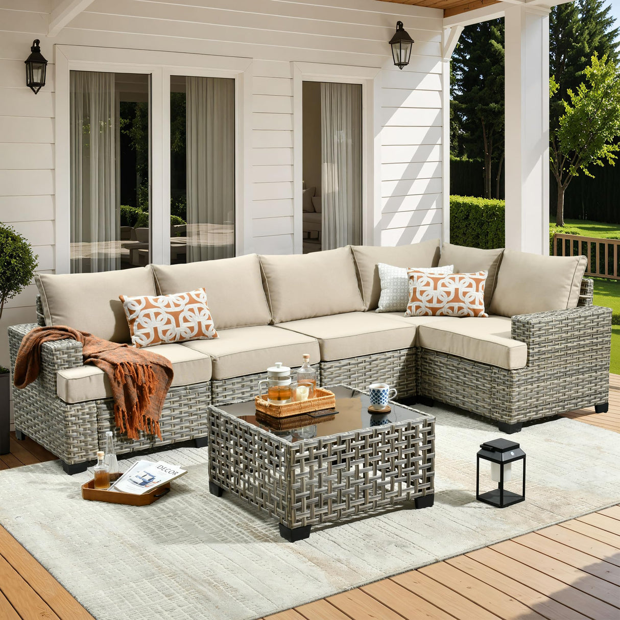HOOOWOOO Outdoor Sectional Patio Furniture Set,6 Pieces Wicker Conversation Sets L Shaped Couch,Extra Deep Out Door Sofa Outside Furniture,Beige HOOOWOOO