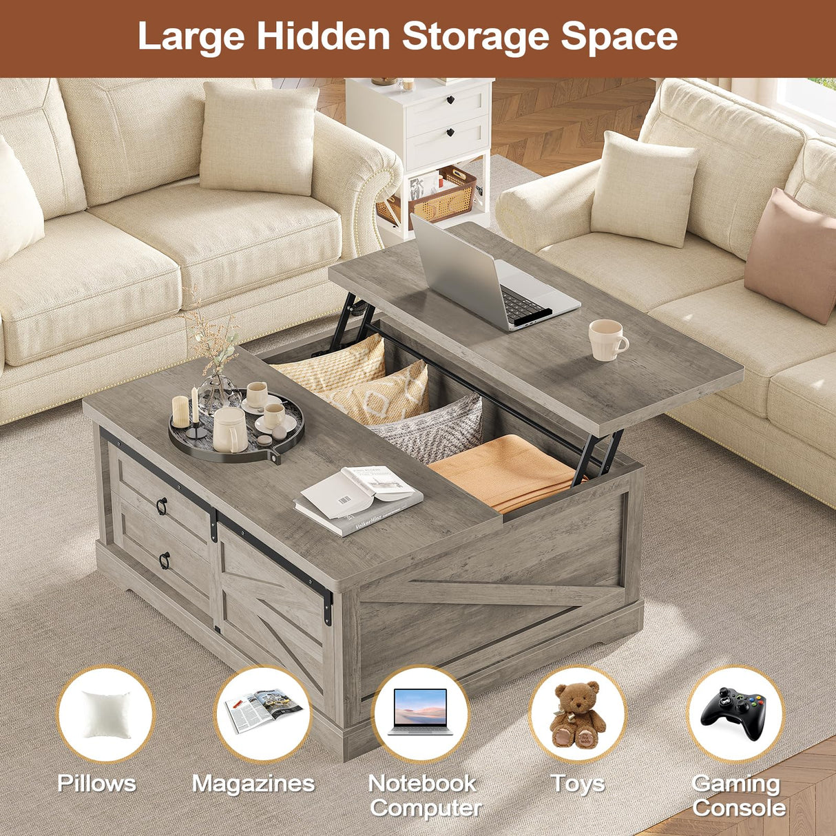 Itaar 39.4'' Lift Top Coffee Table with Storage, Farmhouse Coffee Tables for Living Room, Square Coffee Table with Large Hodden Compartment & 2 Drawrs & Adjustables Shelves (Gray) Itaar
